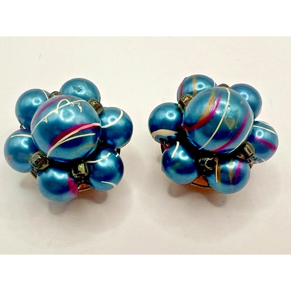 Vintage Blue Beaded Clip-On Earrings Hong Kong‎ Signed Retro Costume Jewelry